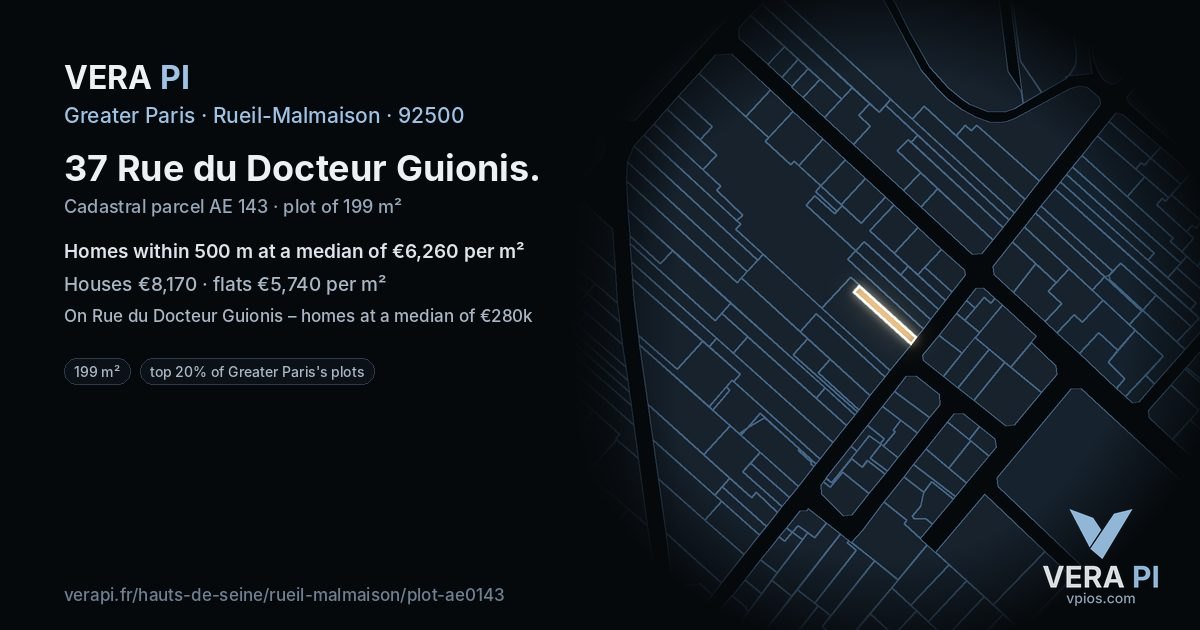 37 Rue du Docteur Guionis, Rueil-Malmaison at night – the plot lit, the parcels around coloured by the prices near them