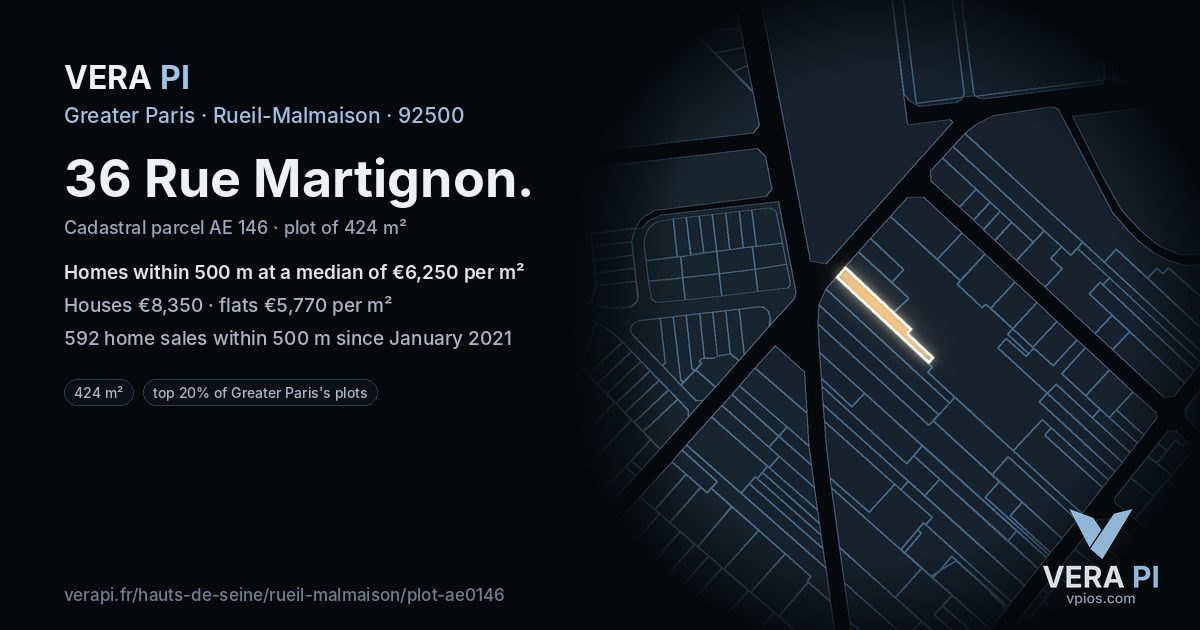 36 Rue Martignon, Rueil-Malmaison at night – the plot lit, the parcels around coloured by the prices near them