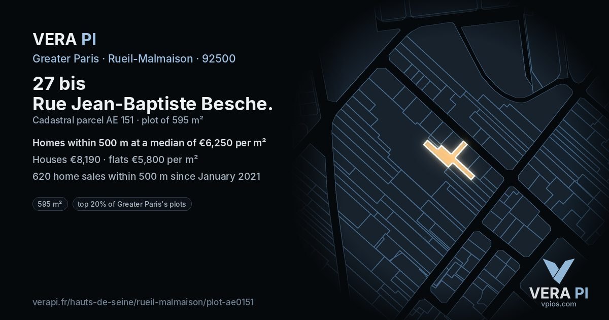 27 bis Rue Jean-Baptiste Besche, Rueil-Malmaison at night – the plot lit, the parcels around coloured by the prices near them