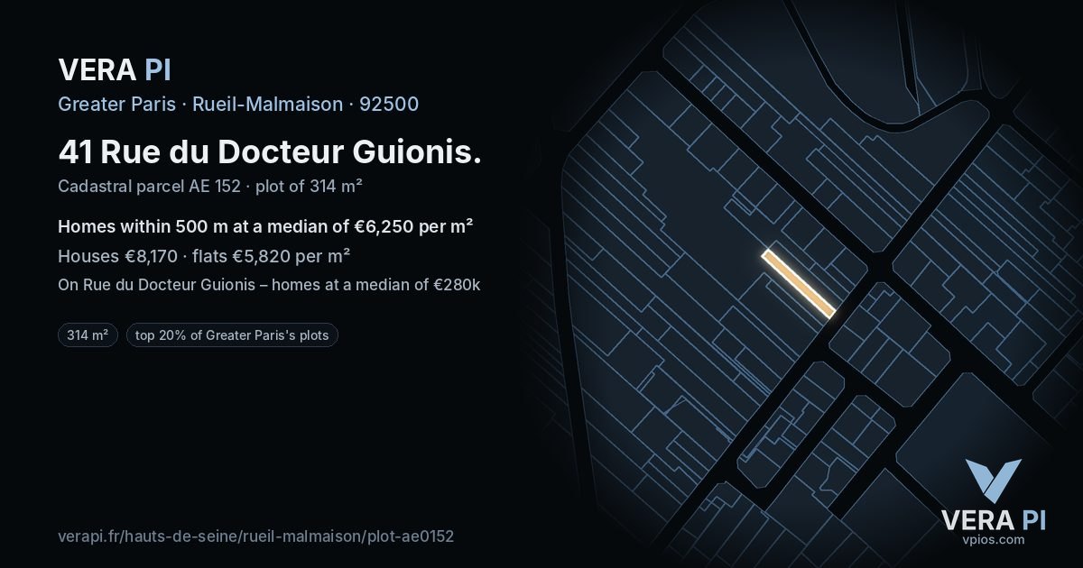 41 Rue du Docteur Guionis, Rueil-Malmaison at night – the plot lit, the parcels around coloured by the prices near them