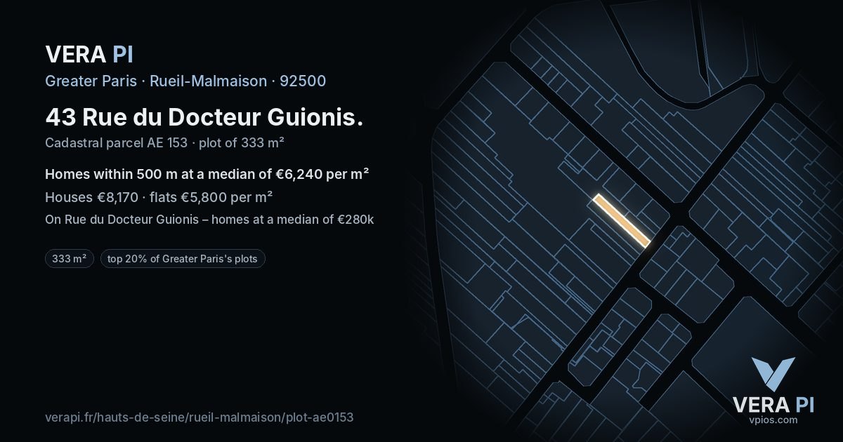 43 Rue du Docteur Guionis, Rueil-Malmaison at night – the plot lit, the parcels around coloured by the prices near them