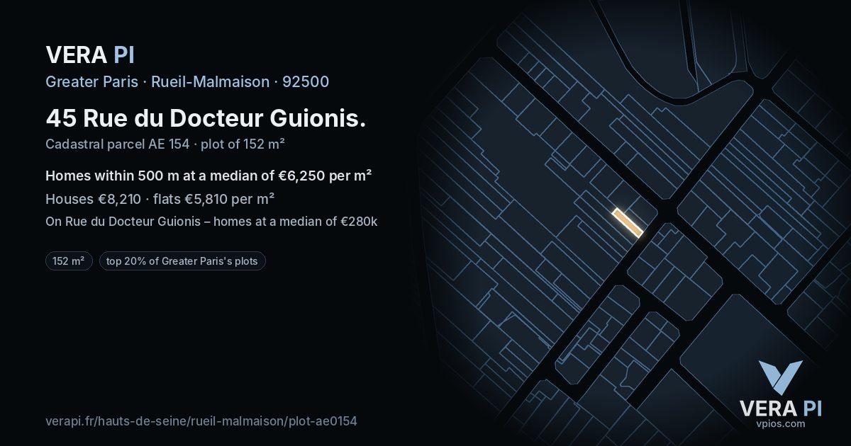45 Rue du Docteur Guionis, Rueil-Malmaison at night – the plot lit, the parcels around coloured by the prices near them