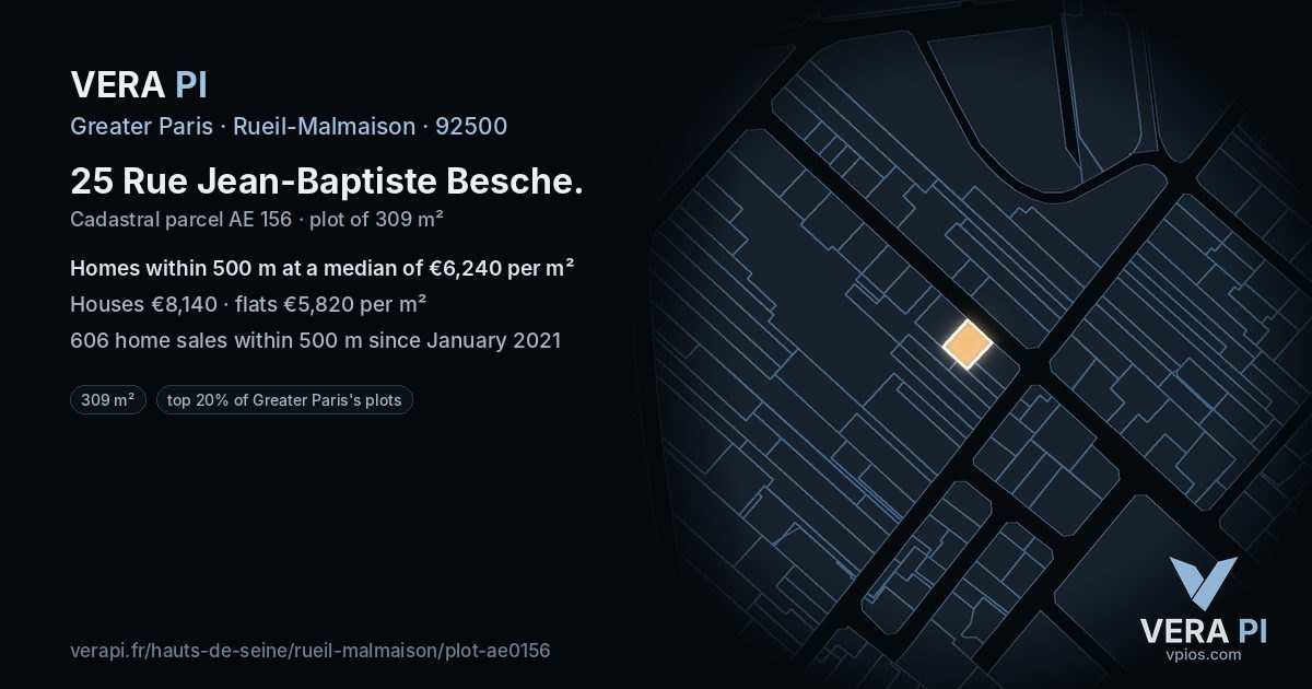 25 Rue Jean-Baptiste Besche, Rueil-Malmaison at night – the plot lit, the parcels around coloured by the prices near them