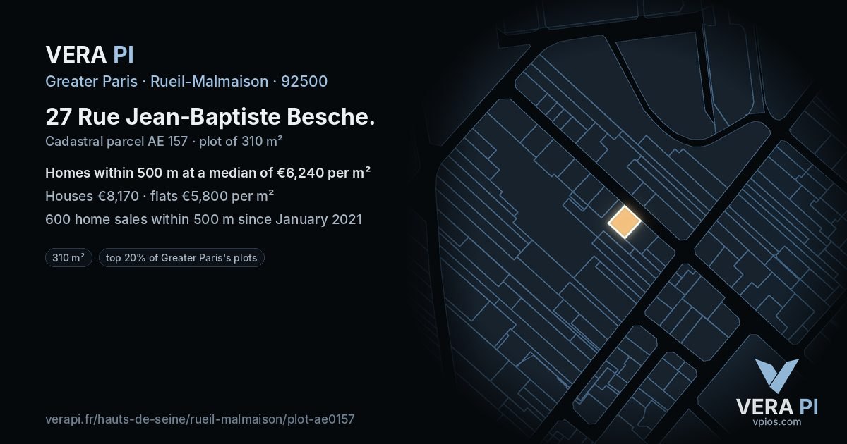 27 Rue Jean-Baptiste Besche, Rueil-Malmaison at night – the plot lit, the parcels around coloured by the prices near them