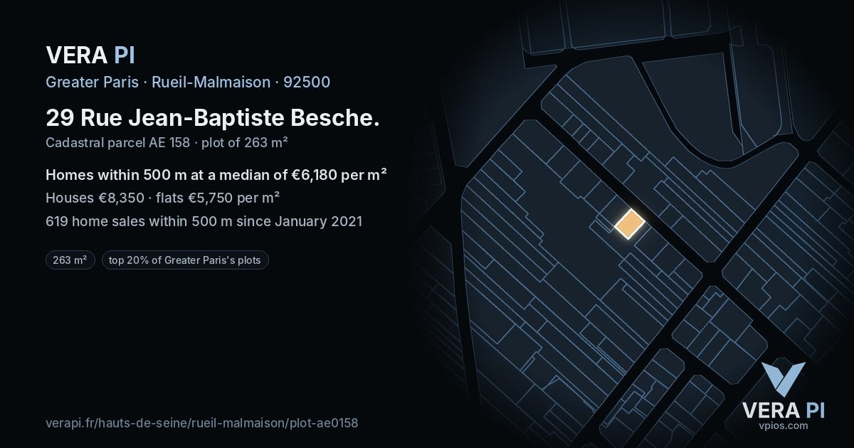 29 Rue Jean-Baptiste Besche, Rueil-Malmaison at night – the plot lit, the parcels around coloured by the prices near them