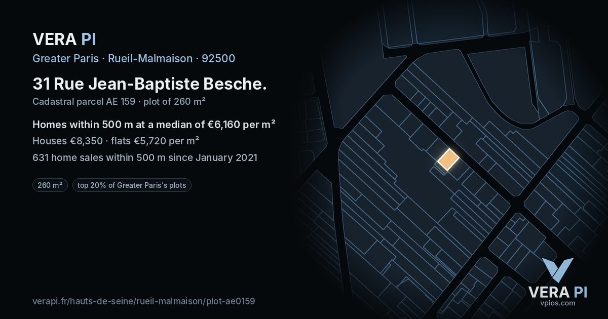 31 Rue Jean-Baptiste Besche, Rueil-Malmaison at night – the plot lit, the parcels around coloured by the prices near them
