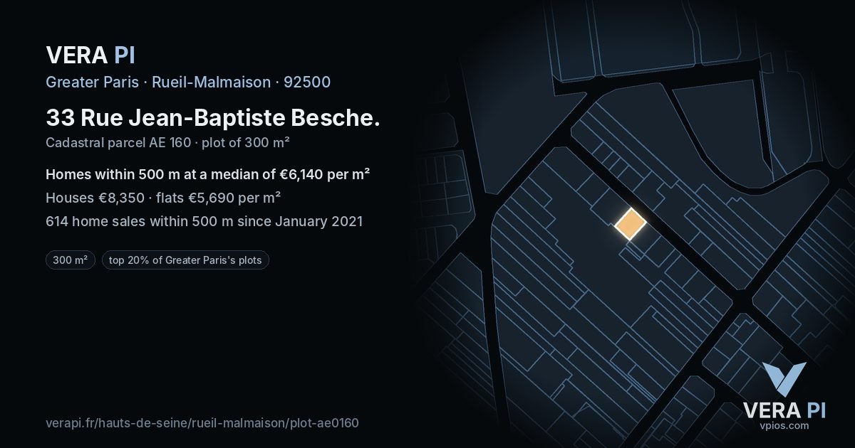 33 Rue Jean-Baptiste Besche, Rueil-Malmaison at night – the plot lit, the parcels around coloured by the prices near them