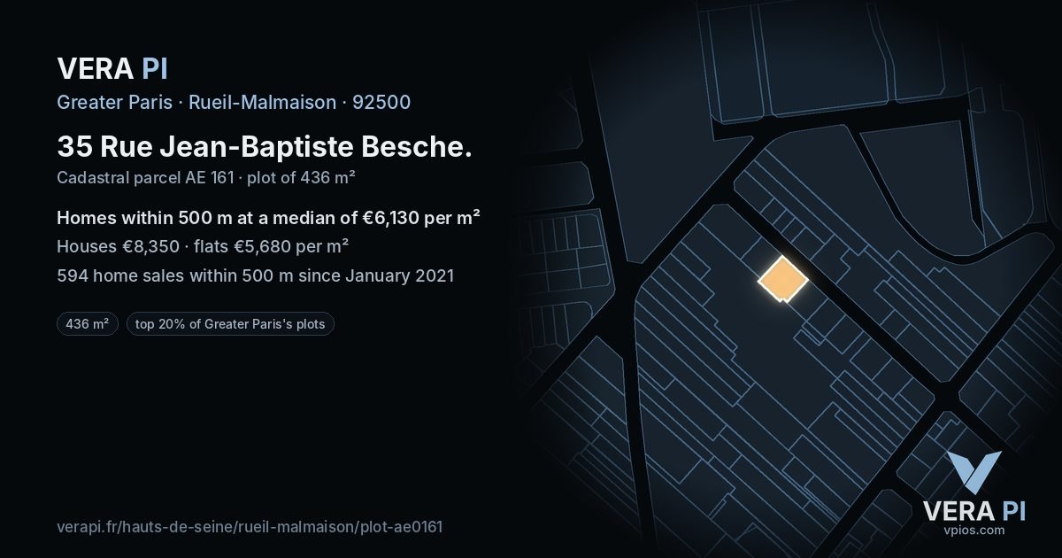35 Rue Jean-Baptiste Besche, Rueil-Malmaison at night – the plot lit, the parcels around coloured by the prices near them