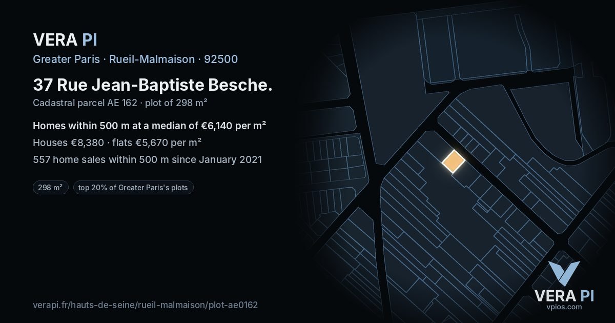 37 Rue Jean-Baptiste Besche, Rueil-Malmaison at night – the plot lit, the parcels around coloured by the prices near them