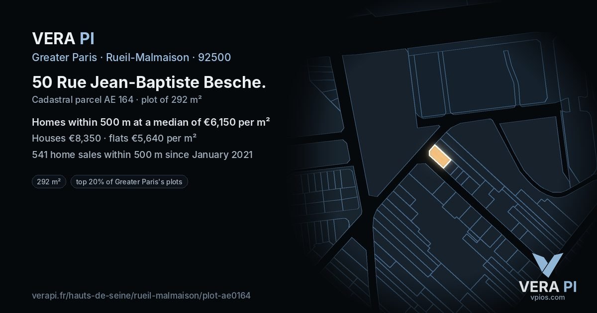 50 Rue Jean-Baptiste Besche, Rueil-Malmaison at night – the plot lit, the parcels around coloured by the prices near them