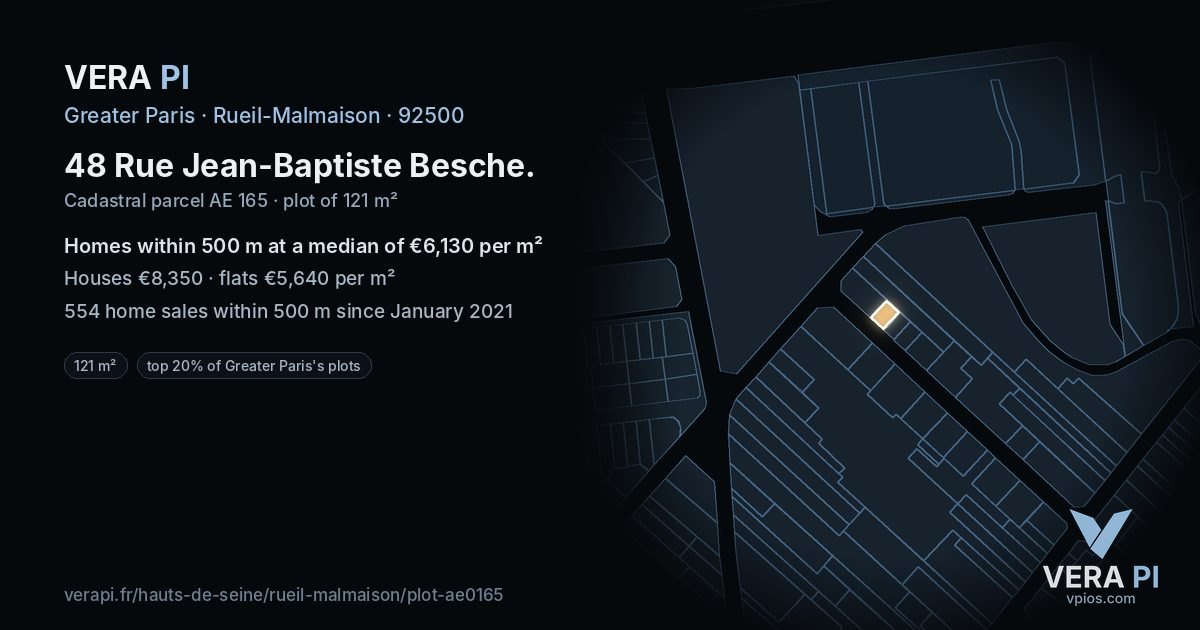 48 Rue Jean-Baptiste Besche, Rueil-Malmaison at night – the plot lit, the parcels around coloured by the prices near them