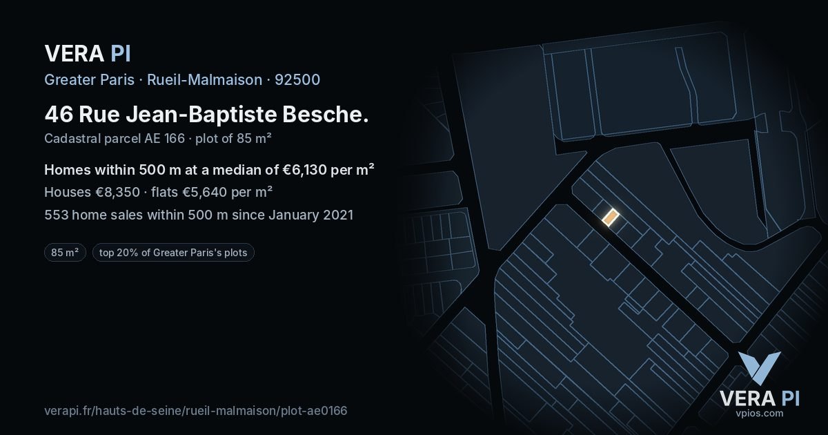 46 Rue Jean-Baptiste Besche, Rueil-Malmaison at night – the plot lit, the parcels around coloured by the prices near them