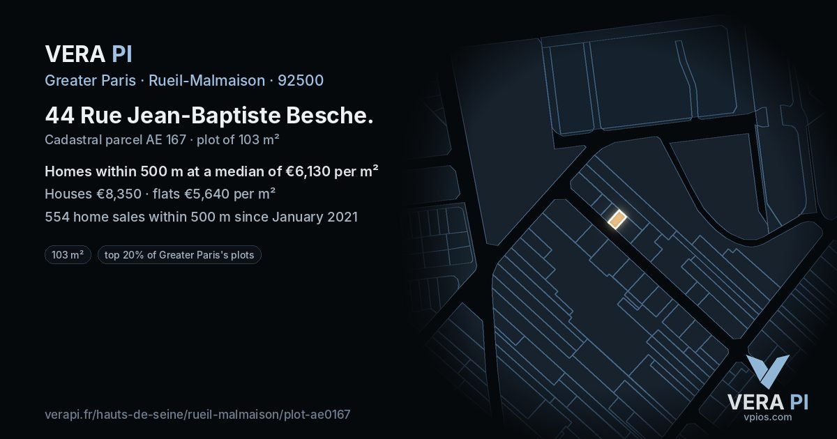 44 Rue Jean-Baptiste Besche, Rueil-Malmaison at night – the plot lit, the parcels around coloured by the prices near them