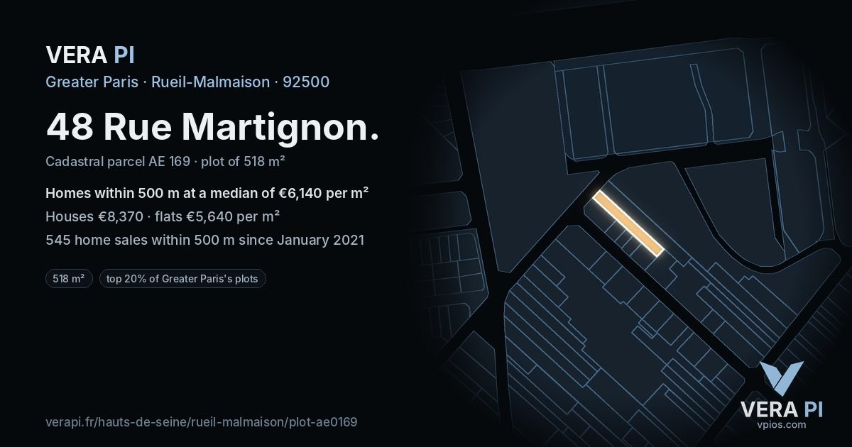 48 Rue Martignon, Rueil-Malmaison at night – the plot lit, the parcels around coloured by the prices near them
