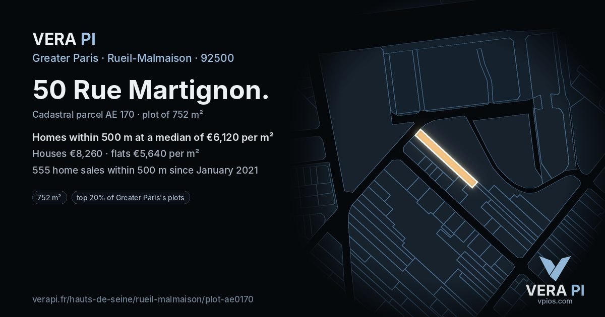 50 Rue Martignon, Rueil-Malmaison at night – the plot lit, the parcels around coloured by the prices near them