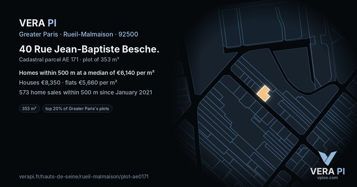 40 Rue Jean-Baptiste Besche, Rueil-Malmaison at night – the plot lit, the parcels around coloured by the prices near them