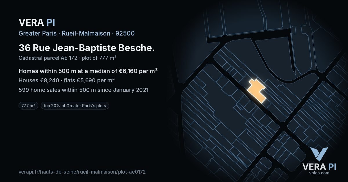 36 Rue Jean-Baptiste Besche, Rueil-Malmaison at night – the plot lit, the parcels around coloured by the prices near them