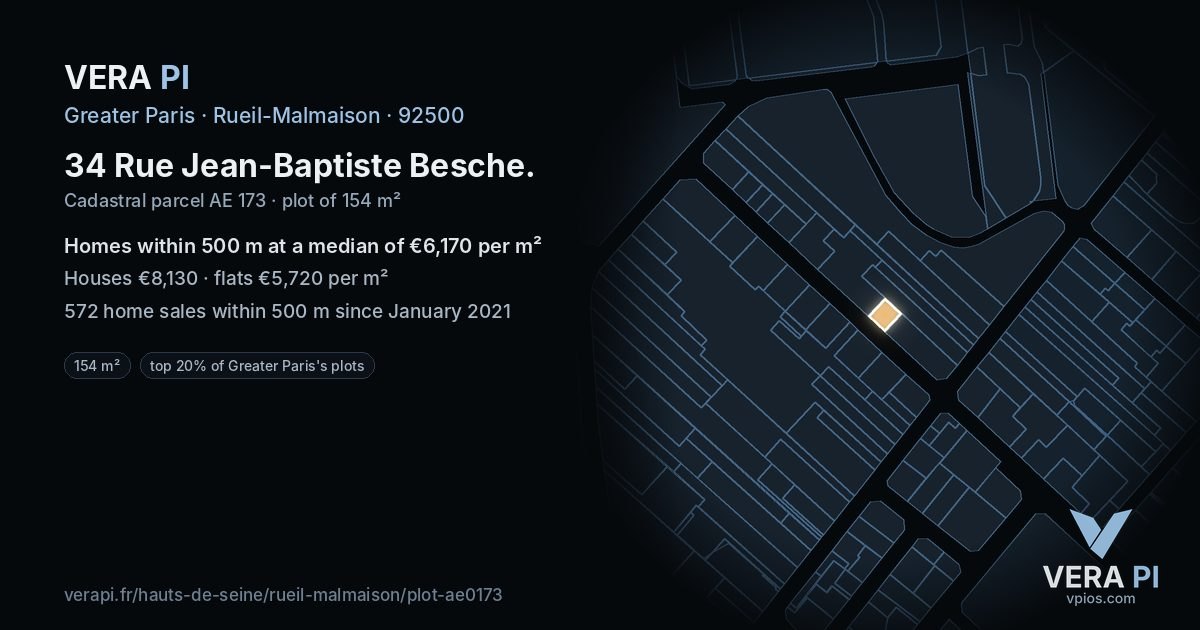 34 Rue Jean-Baptiste Besche, Rueil-Malmaison at night – the plot lit, the parcels around coloured by the prices near them