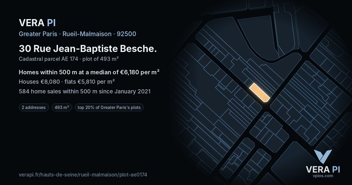30 Rue Jean-Baptiste Besche, Rueil-Malmaison at night – the plot lit, the parcels around coloured by the prices near them
