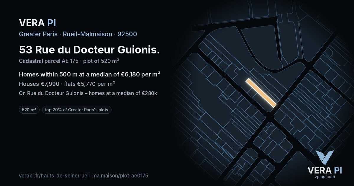 53 Rue du Docteur Guionis, Rueil-Malmaison at night – the plot lit, the parcels around coloured by the prices near them
