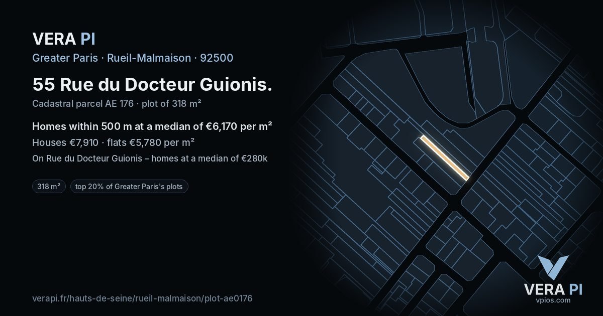 55 Rue du Docteur Guionis, Rueil-Malmaison at night – the plot lit, the parcels around coloured by the prices near them