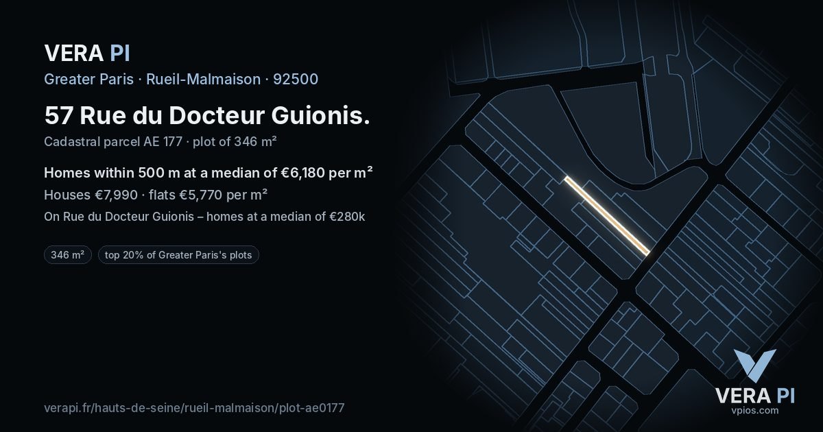 57 Rue du Docteur Guionis, Rueil-Malmaison at night – the plot lit, the parcels around coloured by the prices near them