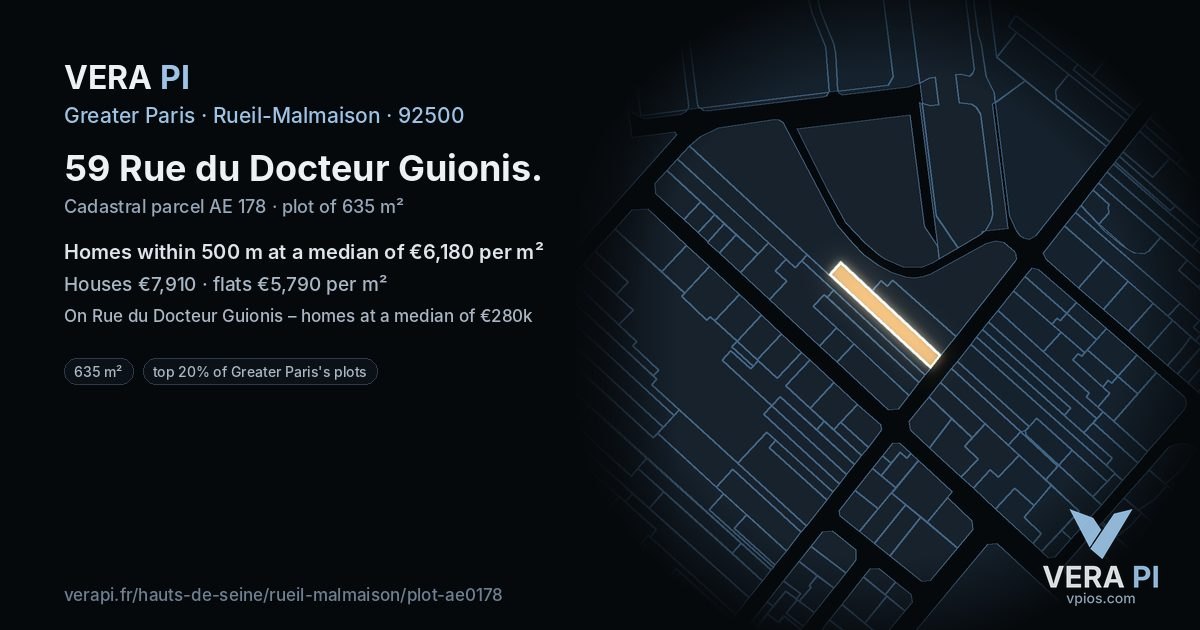 59 Rue du Docteur Guionis, Rueil-Malmaison at night – the plot lit, the parcels around coloured by the prices near them