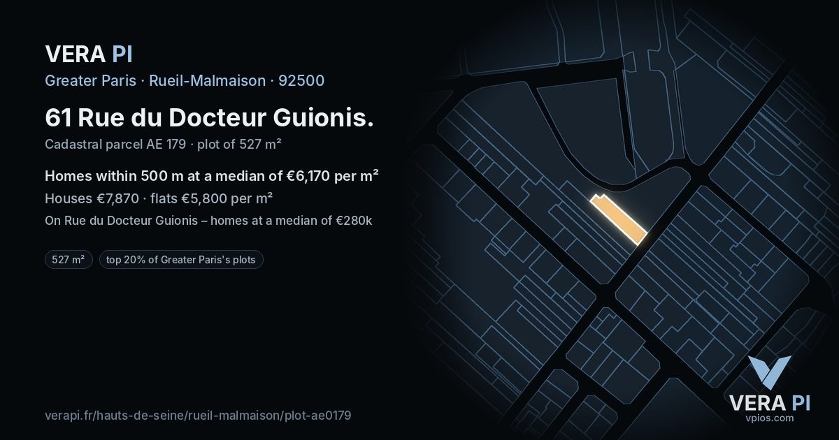 61 Rue du Docteur Guionis, Rueil-Malmaison at night – the plot lit, the parcels around coloured by the prices near them
