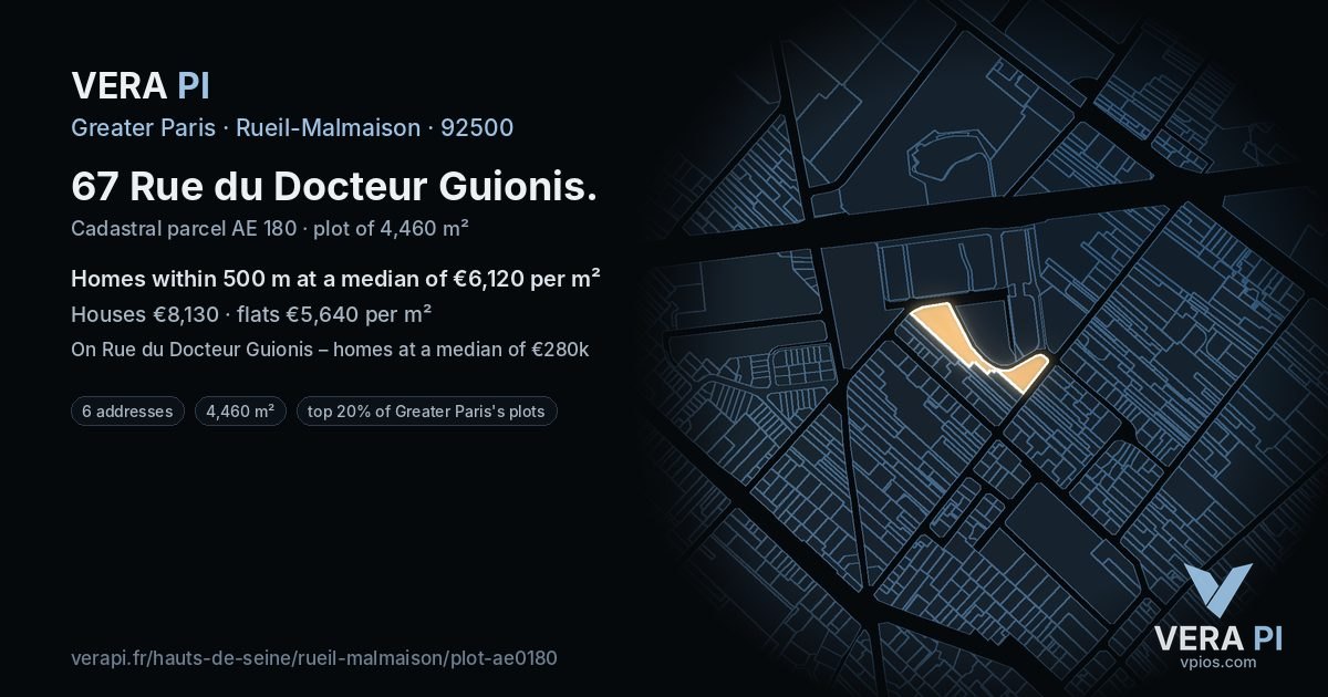 67 Rue du Docteur Guionis, Rueil-Malmaison at night – the plot lit, the parcels around coloured by the prices near them