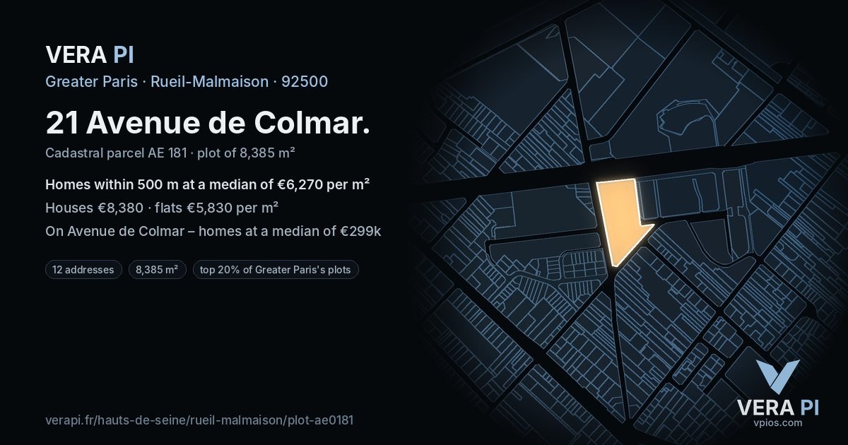 21 Avenue de Colmar, Rueil-Malmaison at night – the plot lit, the parcels around coloured by the prices near them
