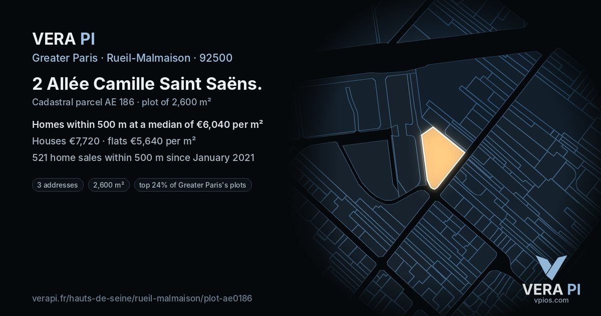 2 Allée Camille Saint Saëns, Rueil-Malmaison at night – the plot lit, the parcels around coloured by the prices near them