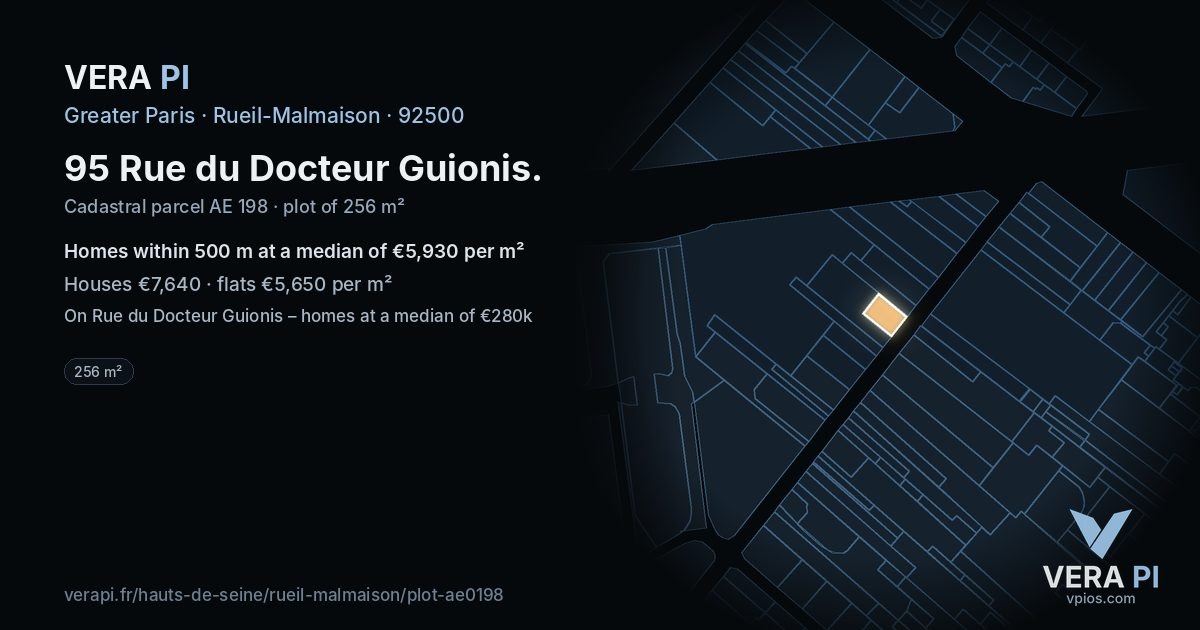 95 Rue du Docteur Guionis, Rueil-Malmaison at night – the plot lit, the parcels around coloured by the prices near them