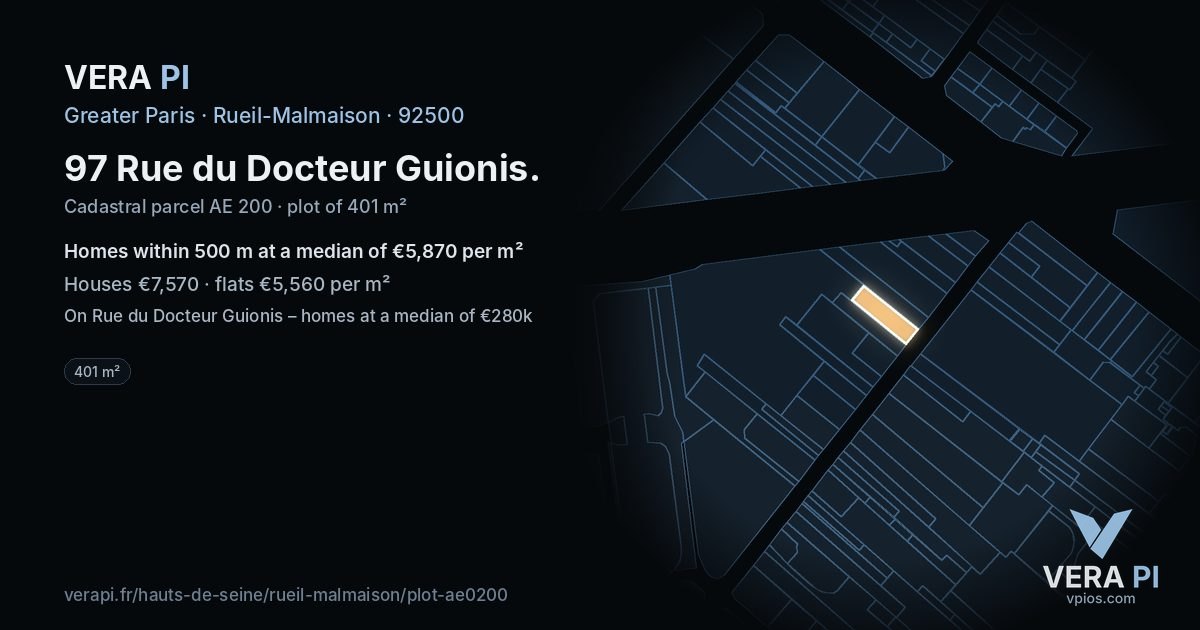 97 Rue du Docteur Guionis, Rueil-Malmaison at night – the plot lit, the parcels around coloured by the prices near them