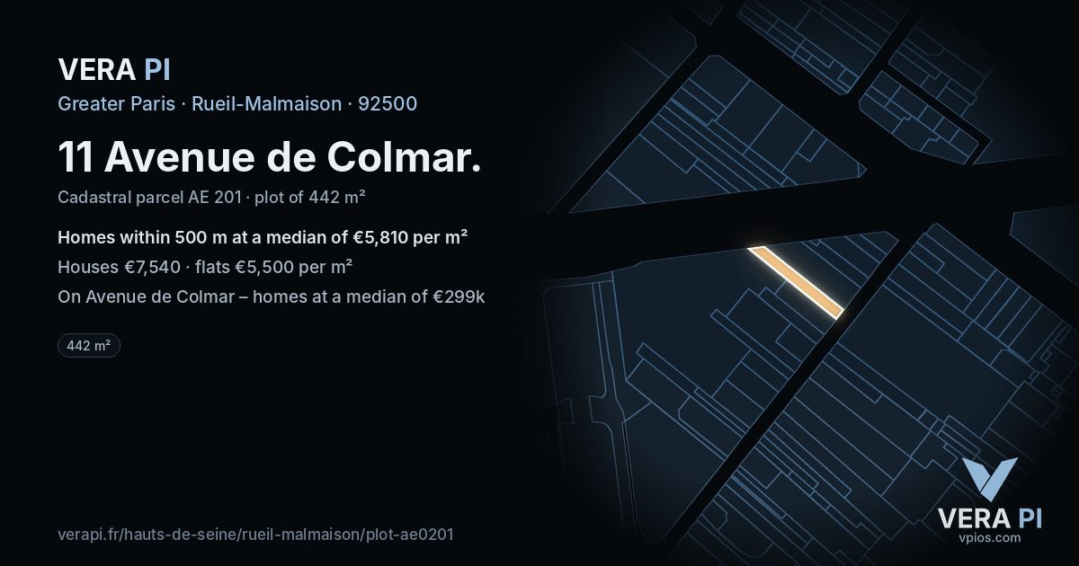 11 Avenue de Colmar, Rueil-Malmaison at night – the plot lit, the parcels around coloured by the prices near them