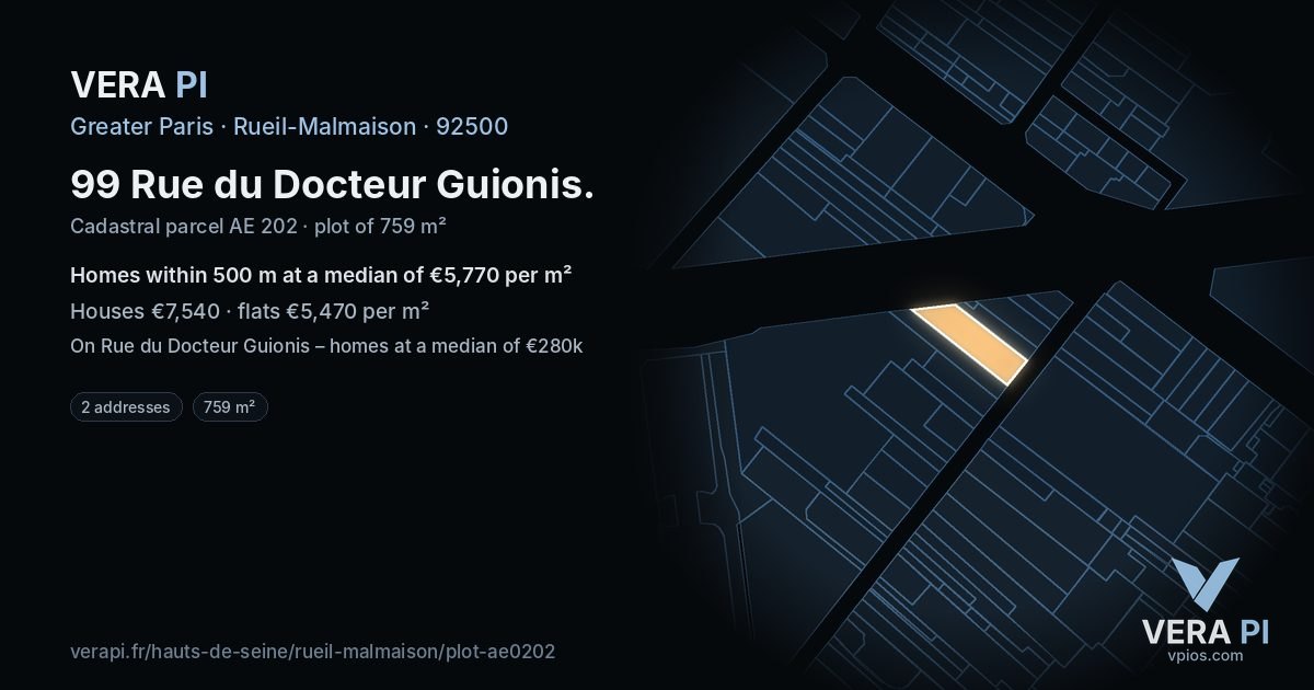 99 Rue du Docteur Guionis, Rueil-Malmaison at night – the plot lit, the parcels around coloured by the prices near them
