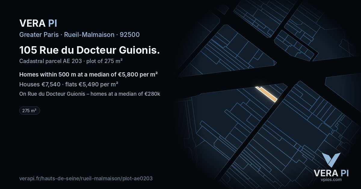 105 Rue du Docteur Guionis, Rueil-Malmaison at night – the plot lit, the parcels around coloured by the prices near them