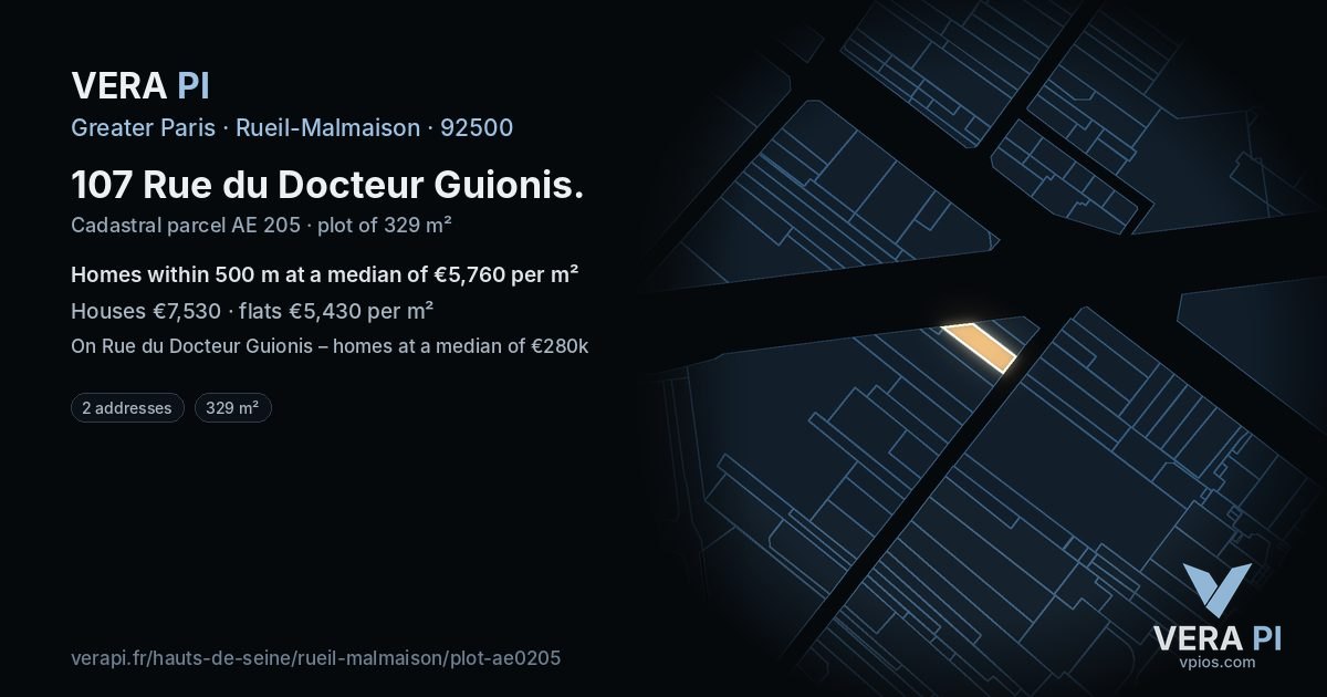 107 Rue du Docteur Guionis, Rueil-Malmaison at night – the plot lit, the parcels around coloured by the prices near them
