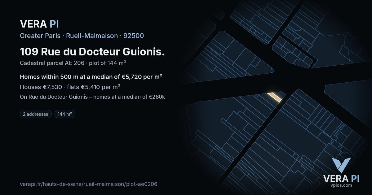109 Rue du Docteur Guionis, Rueil-Malmaison at night – the plot lit, the parcels around coloured by the prices near them