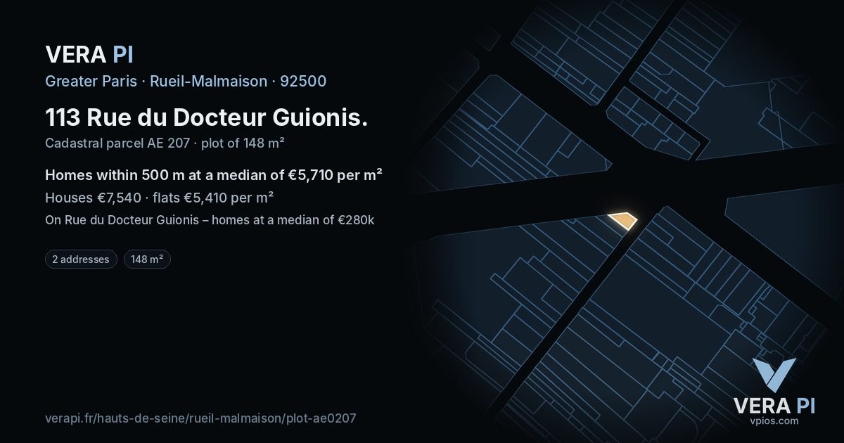113 Rue du Docteur Guionis, Rueil-Malmaison at night – the plot lit, the parcels around coloured by the prices near them