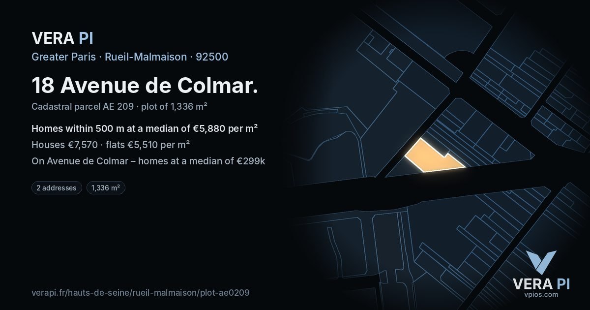 18 Avenue de Colmar, Rueil-Malmaison at night – the plot lit, the parcels around coloured by the prices near them