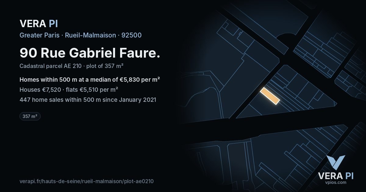 90 Rue Gabriel Faure, Rueil-Malmaison at night – the plot lit, the parcels around coloured by the prices near them