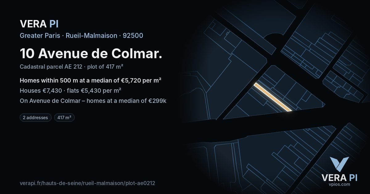 10 Avenue de Colmar, Rueil-Malmaison at night – the plot lit, the parcels around coloured by the prices near them