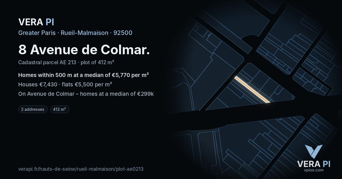 8 Avenue de Colmar, Rueil-Malmaison at night – the plot lit, the parcels around coloured by the prices near them
