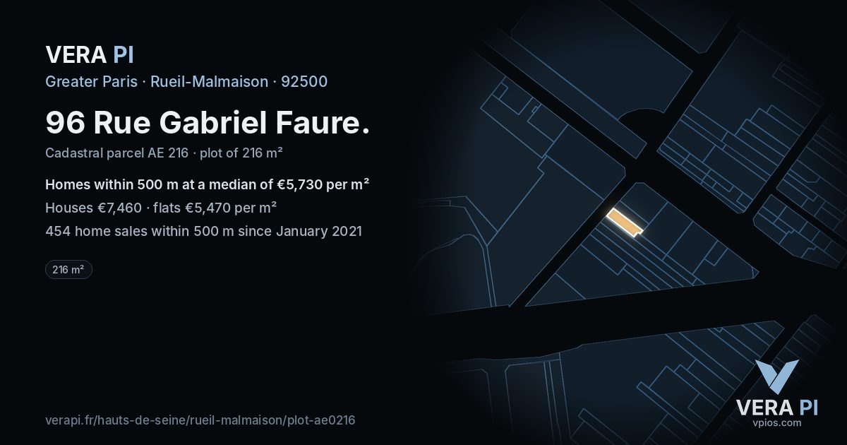 96 Rue Gabriel Faure, Rueil-Malmaison at night – the plot lit, the parcels around coloured by the prices near them