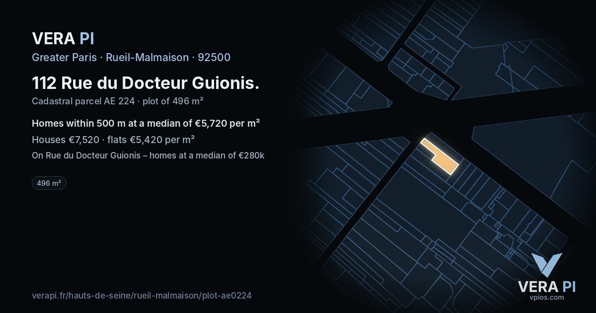 112 Rue du Docteur Guionis, Rueil-Malmaison at night – the plot lit, the parcels around coloured by the prices near them