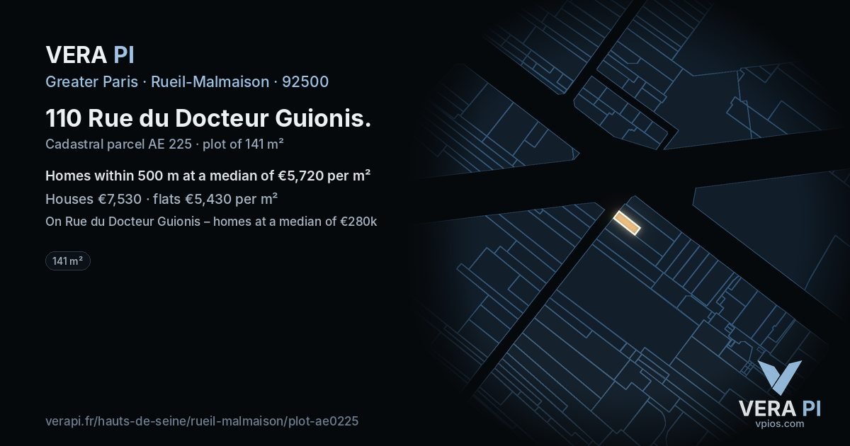 110 Rue du Docteur Guionis, Rueil-Malmaison at night – the plot lit, the parcels around coloured by the prices near them