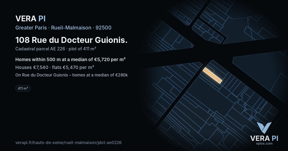 108 Rue du Docteur Guionis, Rueil-Malmaison at night – the plot lit, the parcels around coloured by the prices near them