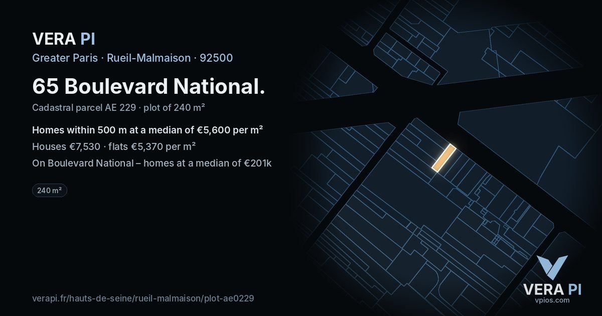 65 Boulevard National, Rueil-Malmaison at night – the plot lit, the parcels around coloured by the prices near them