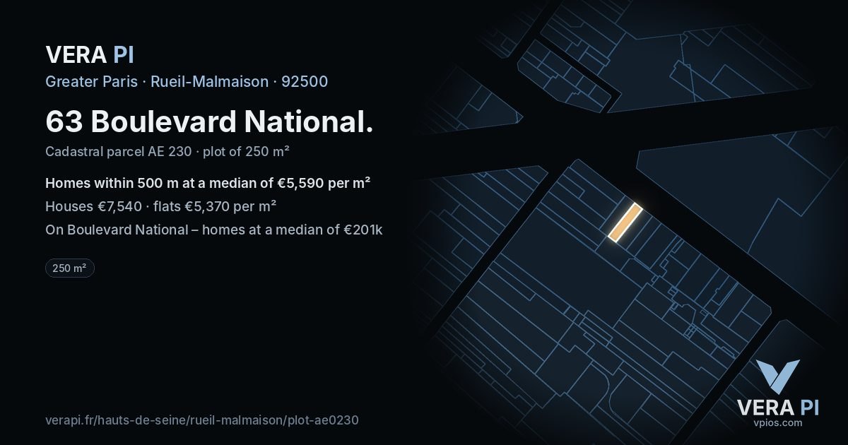 63 Boulevard National, Rueil-Malmaison at night – the plot lit, the parcels around coloured by the prices near them