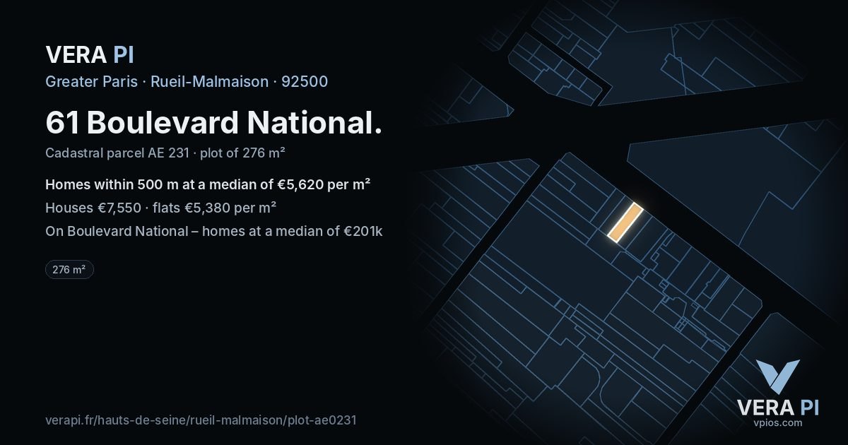 61 Boulevard National, Rueil-Malmaison at night – the plot lit, the parcels around coloured by the prices near them